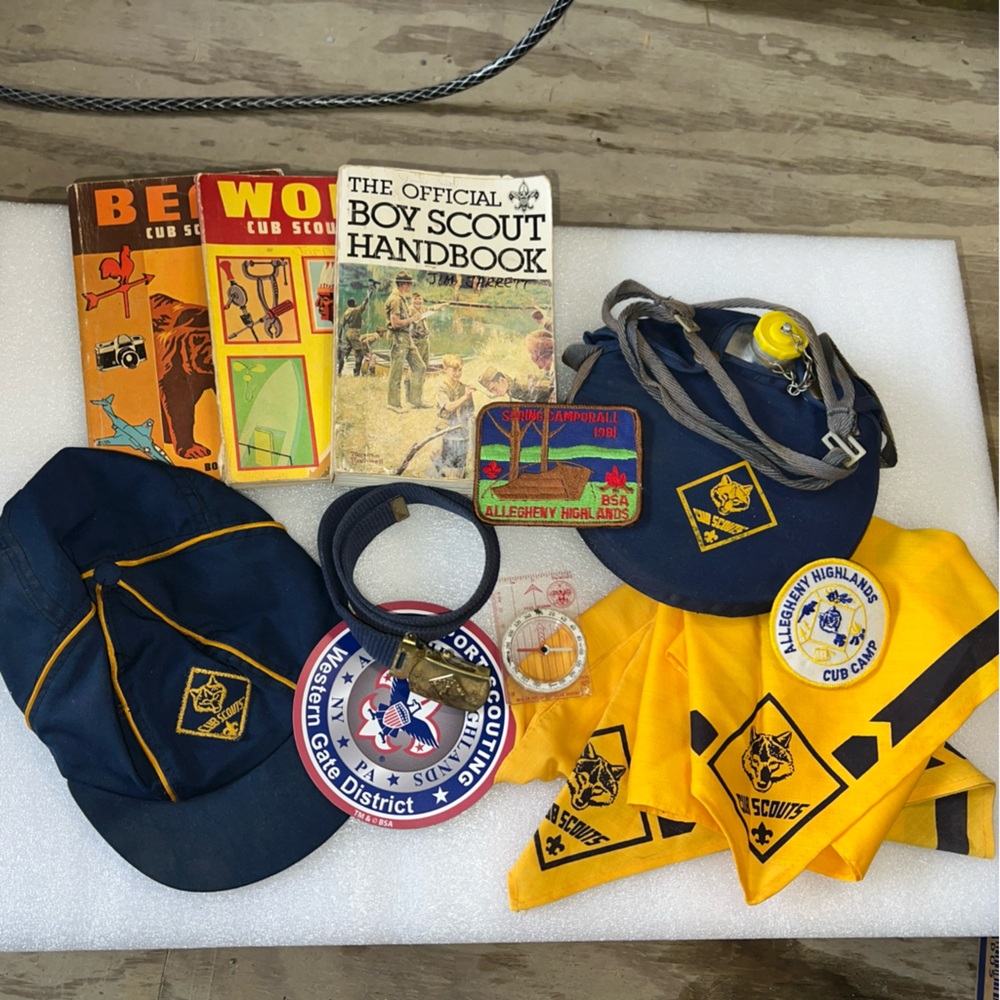 VTG Cub Scout Lot Hat, 2 Scarves, Belt, Canteen,  3 Books, 2 Patches, Compass